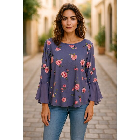 Lauren Conrad Womens Floral Print Bell Sleeve Blouse XL Purple/Pink Polyester - Picture 1 of 12